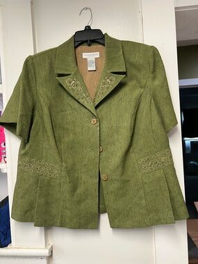 Sag Harbor Olive Green Embroidered Short-Sleeve Blazer